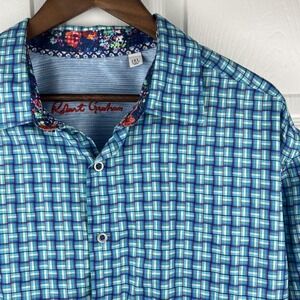 Robert Graham Shirt Mens XL (1XL) Blue Plaid Long Sleeve Flip Cuff Floral